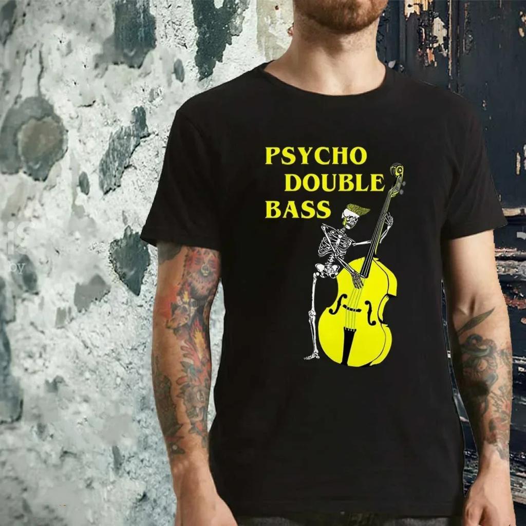 Funny Psycho Double Bass Skeleton with Violin T-Shirt 100% Cotton O-Neck Summer Short Sleeve Casual Mens T-shirt Size S-3XL