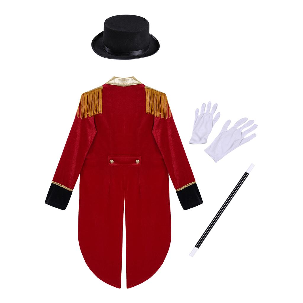 Boys Circus Master Costume Complete Set: Tassel Shoulder Tailcoat with Matching Hat & Magic Accessories for Show & Play