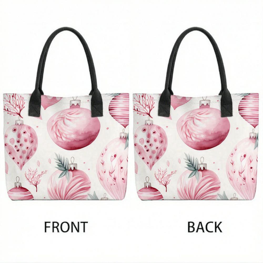 White Tote Bag Women Canvas Shopping Handbag with Pink Christmas Ornament Print Black Handles