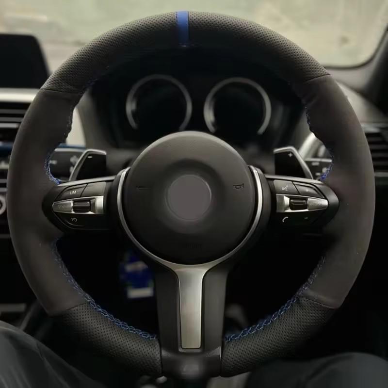 Black Suede Leather Blue Marker Steering Wheel Covers for BMW M2 M3 F80 F82 M4 M5 F12 F13 M6 F85 F87 X5 X6 F33 F30 M Sport