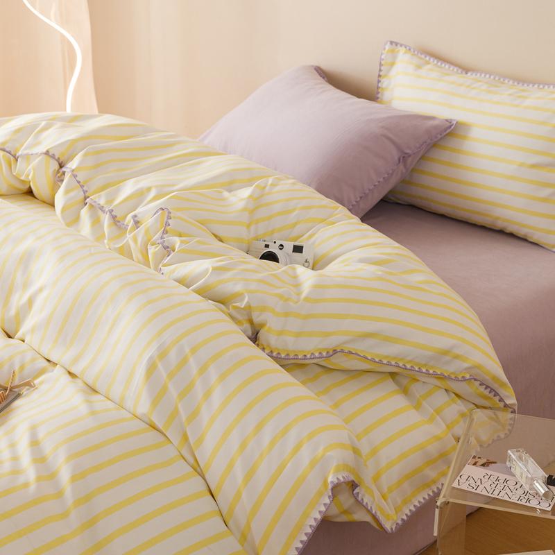Striped Girls Flower Bedding Sets, Washed Cotton Bed Linens, Soft Quilt Cover Sheet Set, Simple Bedspread, Home Textiles