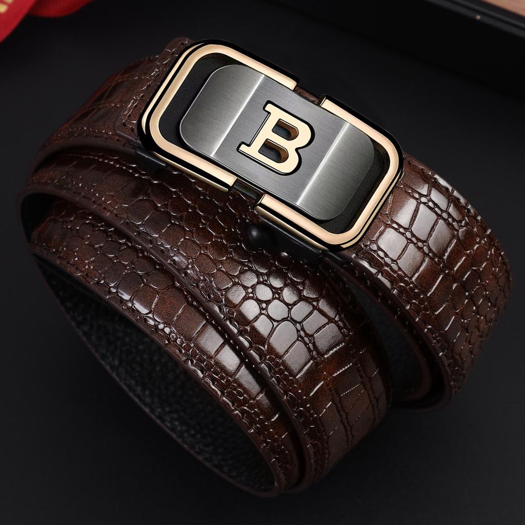 Men's Leather Belt Automatic Buckle Cattlehide Leather Fashion Business Elite Men's Pants Belt Versatile Casual Crocodile Pattern Belt