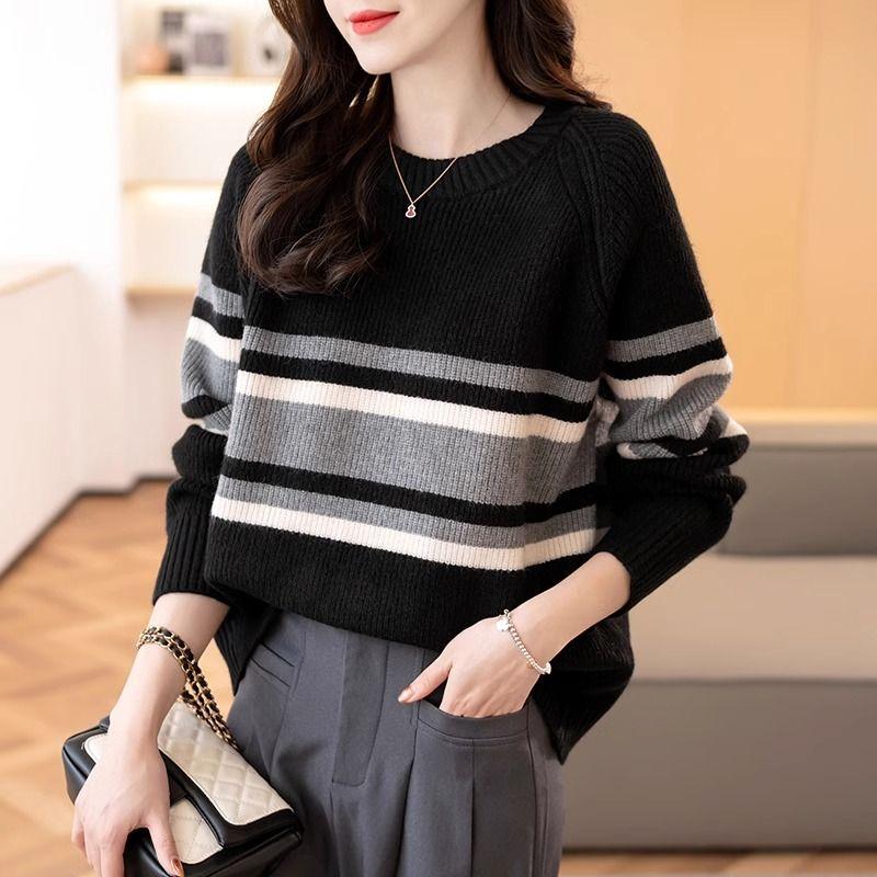 Korean Autumn/winter Round Neck Sweater for Women Versatile Loose Striped Top Knitted Sweater