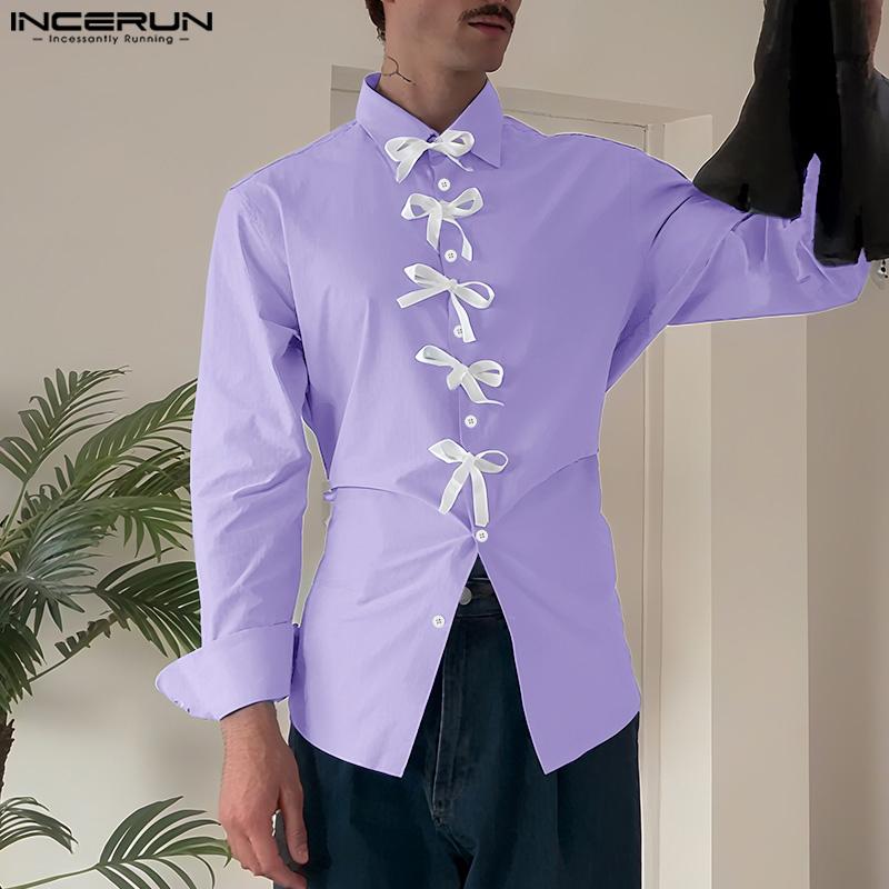 INCERUN Men Lapel Long Sleeve Front Bow Knot Back Twisted Casual Shirts