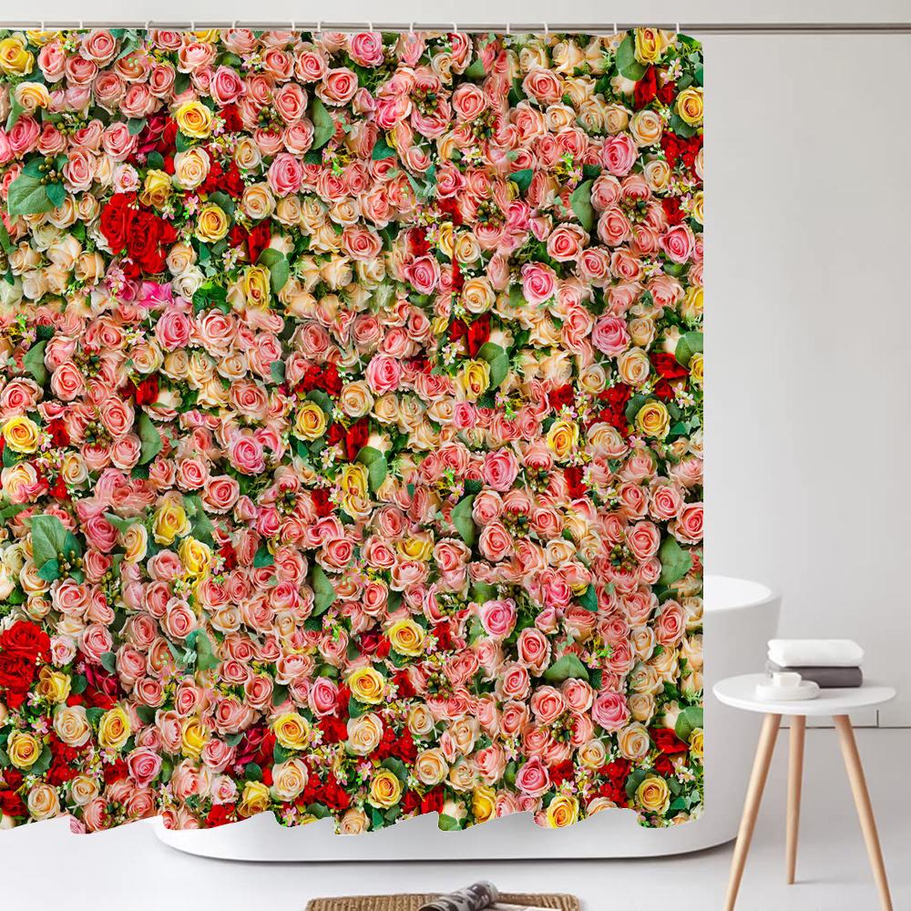 1Pcs Pink flower printing waterproof shower curtain, Rose flowers wall bathroom decorative curtain with plastic hooks