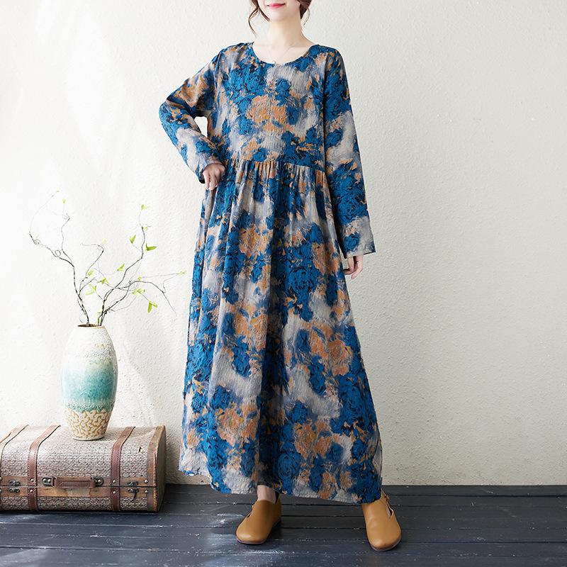 Осеннее хлопковое конопляное платье с круглым вырезом, свободного размера, с длинным рукавом, для женщин, винтажные платья в стиле бохо