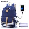 SUNBORLS новый рюкзак, женская полосатая холщовая сумка, большая вместительная USB-сумка для компьютера, сумка для школьников начальной и средней школы