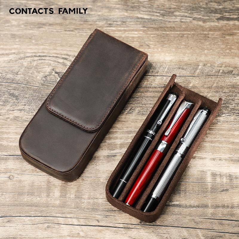 Пенал из кожи Crazy Horse, набор из трех штук, ручная работа, магнитный выдвижной ящик, студенческий пенал для хранения ручек