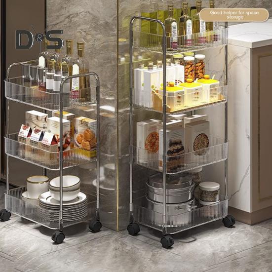 Movable Shelf with Wheels Multi-tiers Storage Rack Rolling Cart Transparent Basket Organizer Trolley for Snacks Cosmetics Bathroom