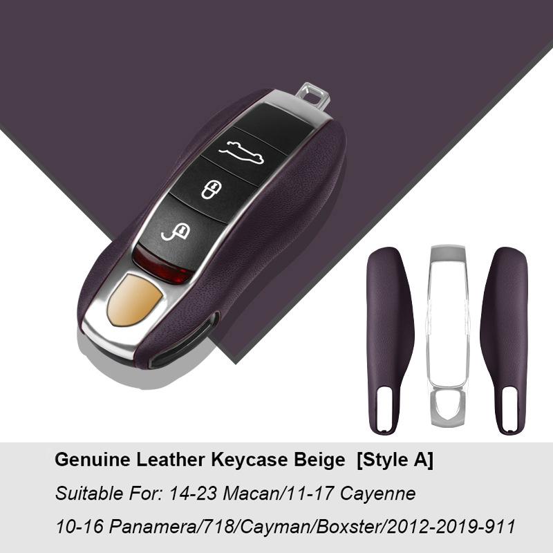 Luxury Genuine Leather For Porsche Boxster Cayman Panamera Cayenne Macan 718/911 Taycan Car Key Case Cover Protective Keychain