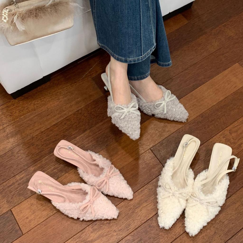 2025 French-style Fluffy High-heeled Slippers Women's Autumn and Winter Wear with Skirts, Gentle Fairy Shoes, Velvet Cotton Bag Head Half