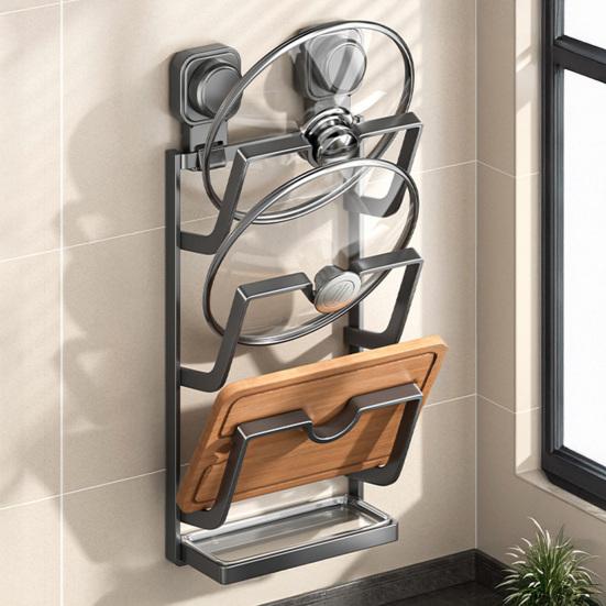 Настенный держатель для крышек от кастрюль на присосках, кухонный органайзер для крышек от кастрюль, стойка для хранения крышек от сковородок со съемным поддоном для сбора капель для разделочной доски