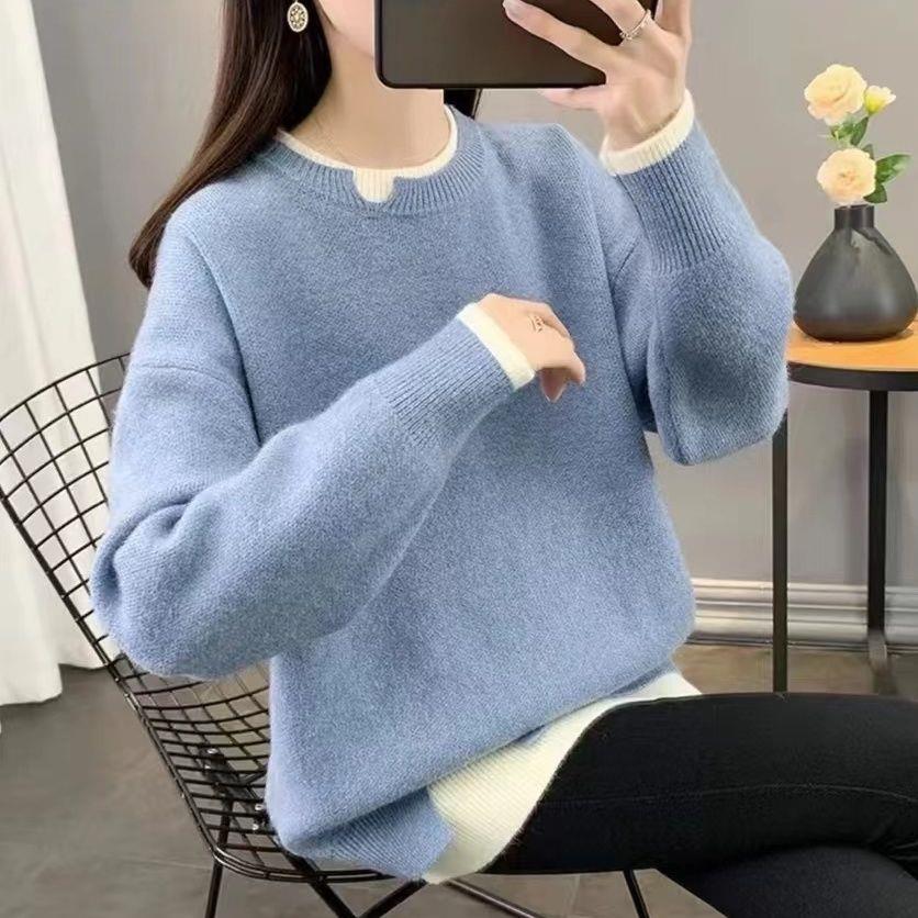 Свитер большого размера из толстой вязки на осень/зиму - Свободный крой, корейский стиль, Двухцветный дизайн, Повседневная вязаная одежда для женщин