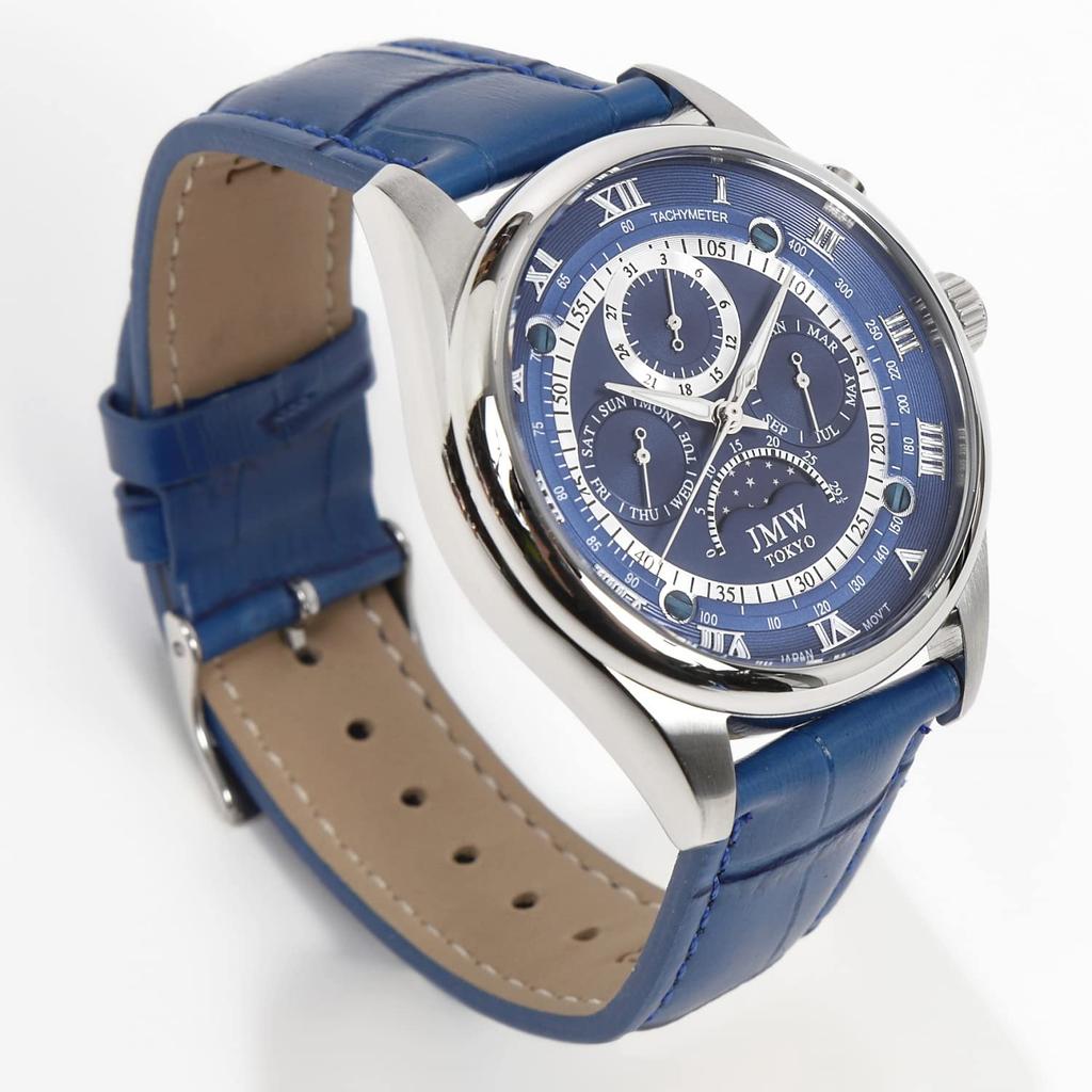 JMW TOKYO Мужские Роскошные Часы с Фазами Луны – Японский Механизм, Римские Цифры, Синий и Серебряный – Ограниченная Серия 300 Штук по Всему Миру