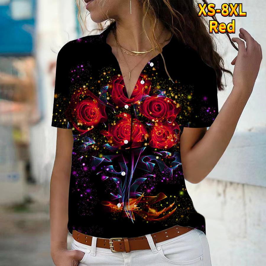 2025 Лето Новая Мода Женская Рубашка Топ с Коротким Рукавом, V-образным Вырезом, Повседневная, на Пуговицах, с Принтом Роз