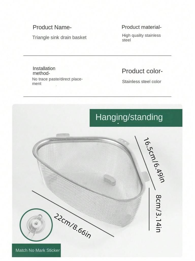 Stainless Steel Drain Rack,Dish Cloth&Sponge Holders,Punching-Free Storage Basket,Shelf,Triangle,Kitchen Sink Corner Bathroom
