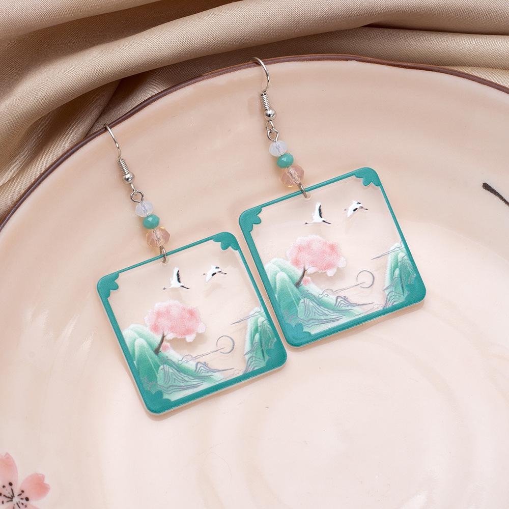 Geometric Mountain Crane Pattern Acrylic Earrings