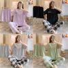Three-Piece Spring and Fall Girls Letters Pajamas Plaid Short-Sleeved Pants Homewear Cartoon Leisure Korean Homewear Sets