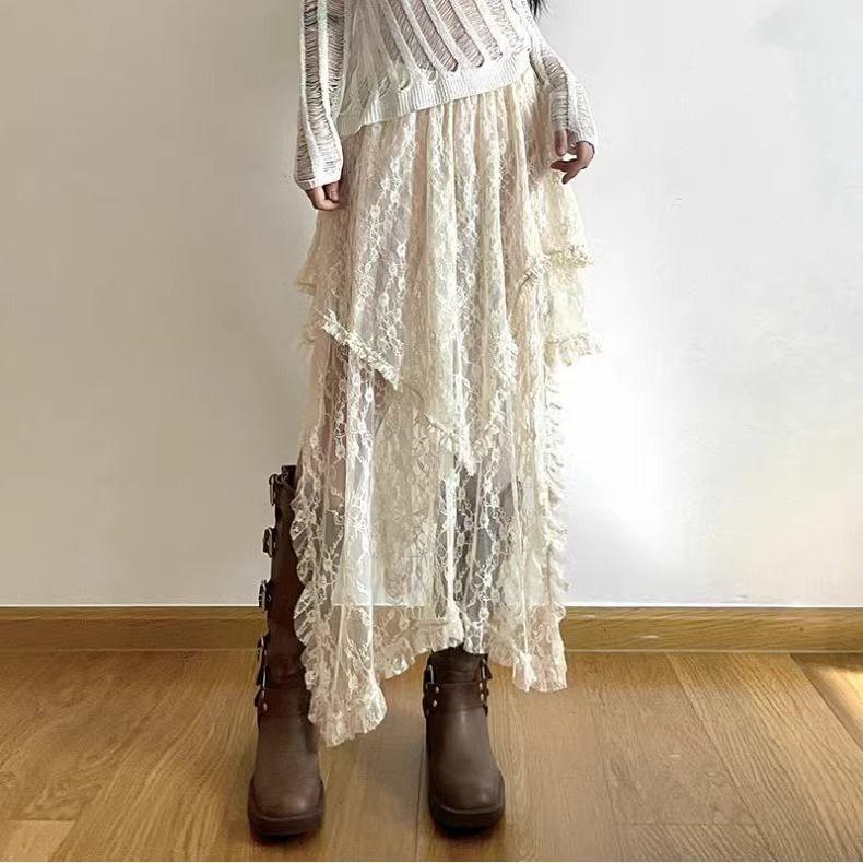 Женская винтажная кружевная асимметричная юбка Y2K Fairycore Boho, эстетичная модная юбка с высокой талией, женские праздничные наряды