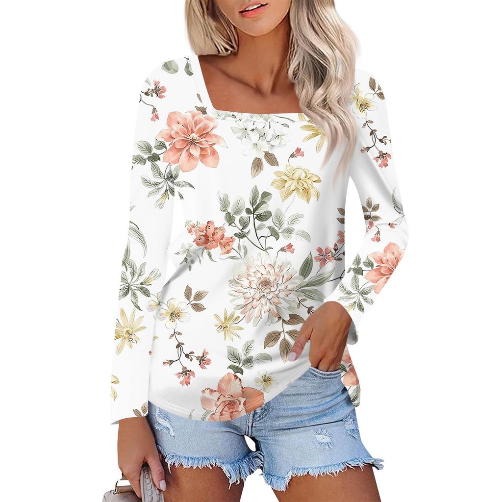 Рубашка для женщин, модная повседневная свободная футболка с квадратным вырезом и длинным рукавом с принтом, женский топ