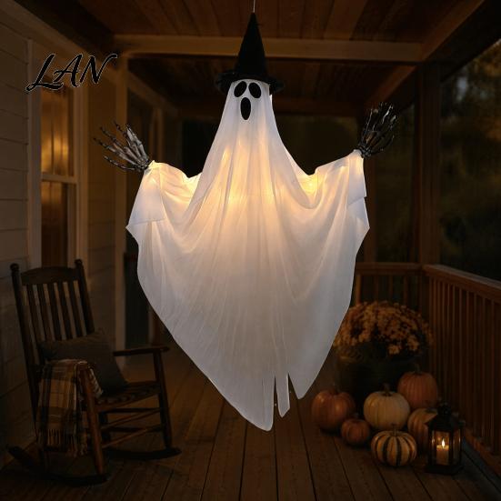 Glowing Ghost Decoration Halloween Hanging with Witch Hat, Light Up Spooky Haunted House Props Outdoor Decor for Porch Tree, Scene Ornament