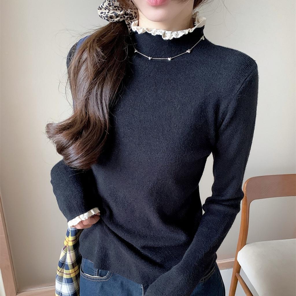 Девичий милый топ с полувысоким воротником, женская весенняя кружевная вставка, внутренняя базовая рубашка, вязаный свитер