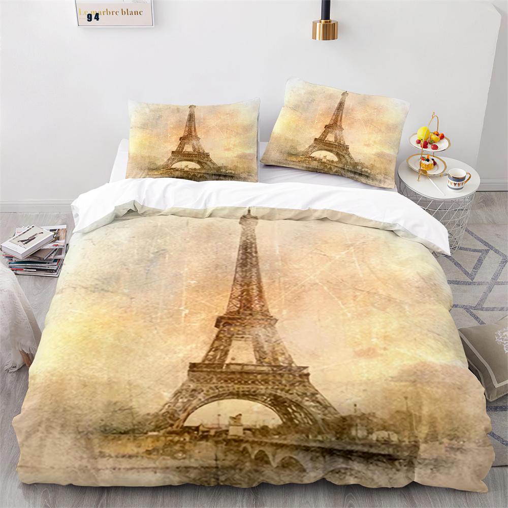 Paris Eiffel Tower Themed Duvet Cover Set City Landscape Sky Cloud Comforter Cover Home Decor Romantic Bedspread Cover King Size