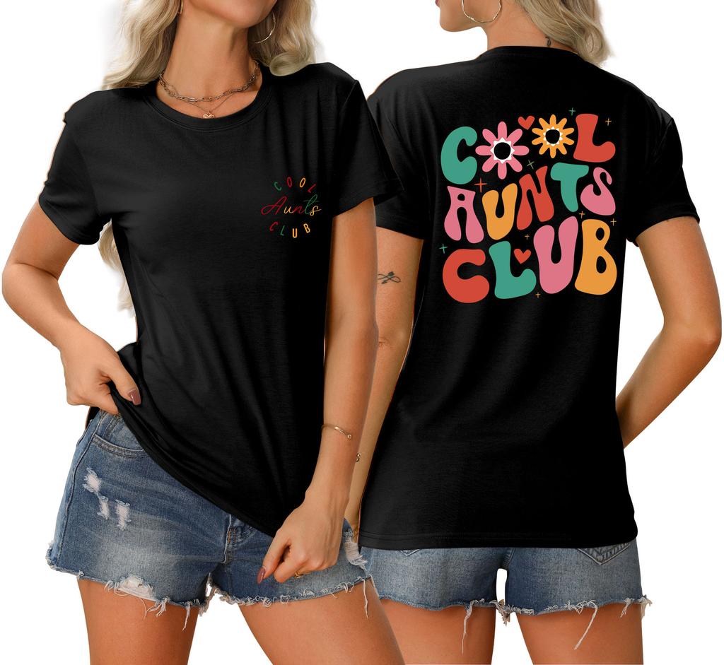 Summer new Womens round neck cool aunts club front and back printed Tshirt loose casual shortsleeved top with a stylish pullo