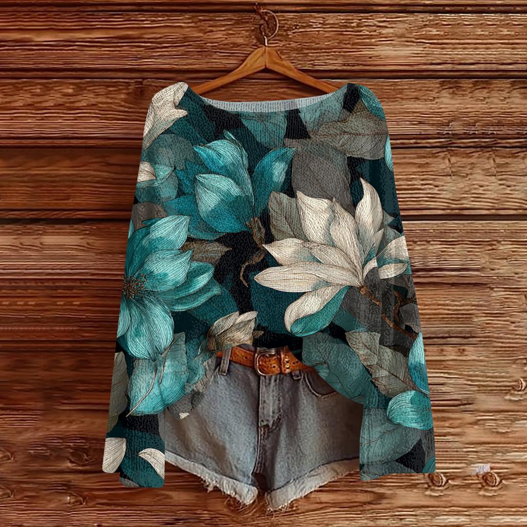 Women's Lightweight Sweater Casual Long Sleeve Knitted Vintage Floral Print Pullover