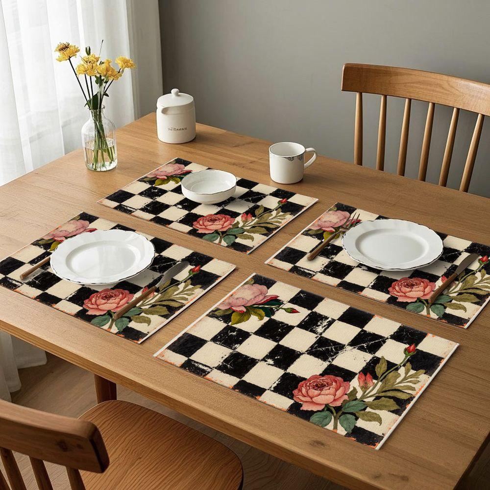 Vintage Checkered Floral Linen Placemats, Washable, Versatile for Kitchen, Dining & Indoor Parties Placemats