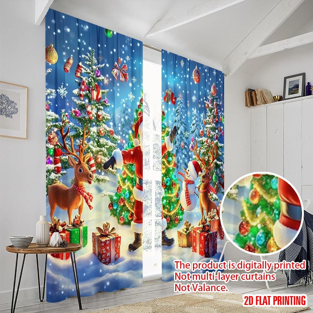 2pcs,2D Plane Printing Window Curtain Santa Claus and the Reindeer Festival (2) Polyester Fabric (without Rod) Decorations For