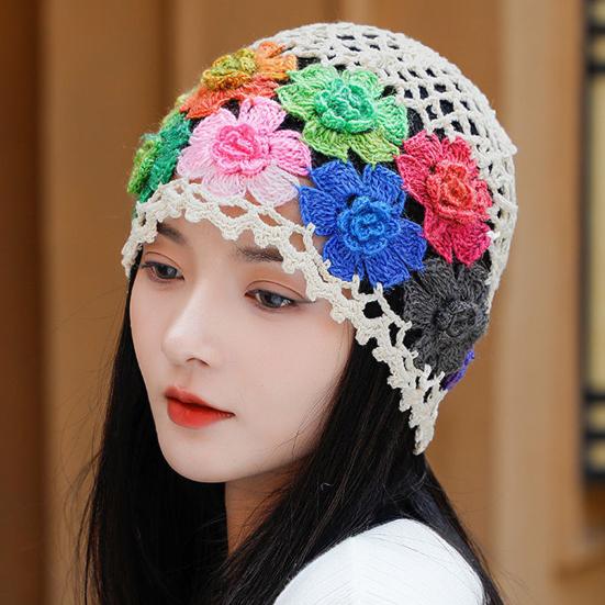 Женская шапка с ручным управлением, красочная вязаная крючком с цветочным узором, эластичная, мягкая, дышащая, легкая, солнцезащитная, мягкая дорожная шапка без полей, уличная шапка