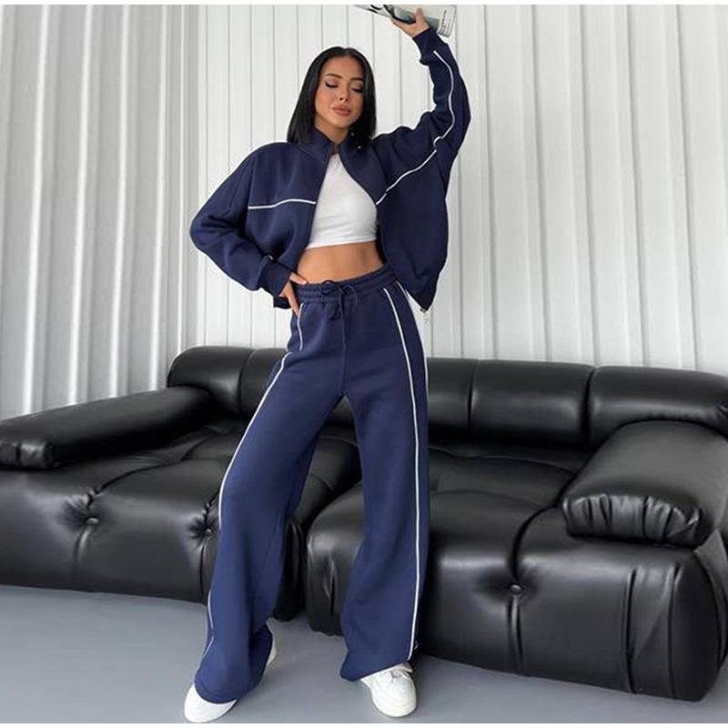 Женский повседневный свободный комплект из двух предметов на весну и осень, длинный рукав, воротник-стойка, толстовка с капюшоном на молнии, эластичный пояс, широкие брюки