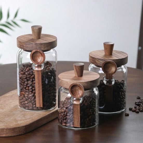 Glass Airtight Canister Sealed Jar with Wooden Spoon Transparent Food Storage Jar for Spice Coffee Beans Kitchen Pantry Supplies