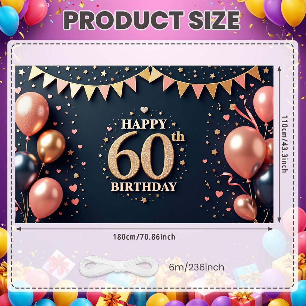 Фон для празднования 60-летия Треугольный гирлянда-флажки 60-летие Дисплей Роскошный фон для дня рождения Розовые акценты в виде сердечек