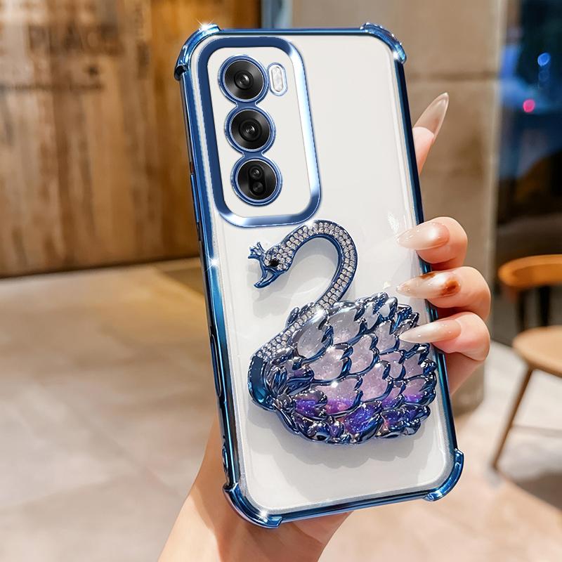 KEYSION Shockproof Plating Phone Case for OPPO Reno12 Pro 5G Clear TPU Glitter Jewelled Swan kickstand Back Cover for OPPO Reno12 5G