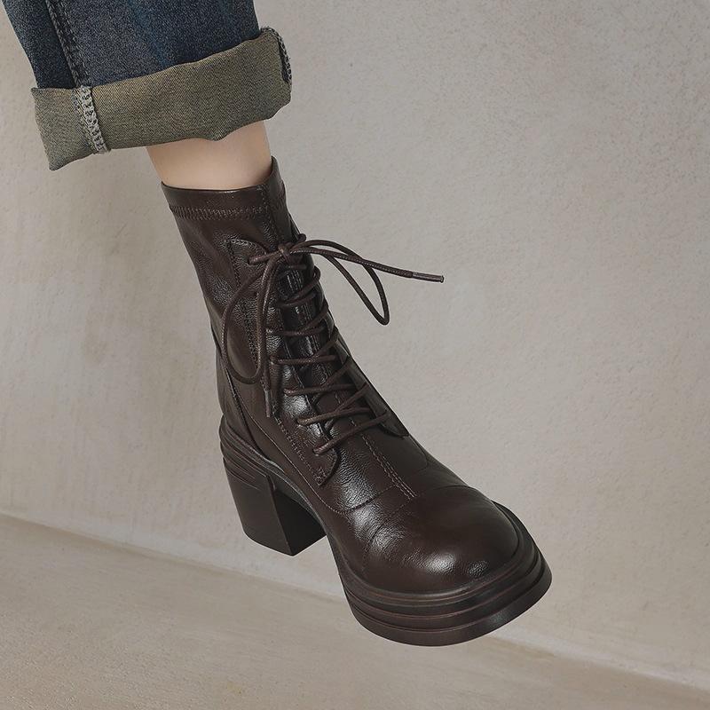 Great To Wear! Treasure of the Town Store~ 2025 Autumn and Winter High-heeled Elastic British Martin Boots Women's Lace-up Thick-heeled Short Boots