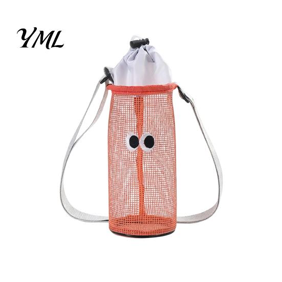 Outdoor Travel Bottle Accessory Mesh Drawstring Crossbody Cup Holder, Adjustable Strap Breathable Water Carrier Sling Bag, Cute Cartoon Pattern Pouch
