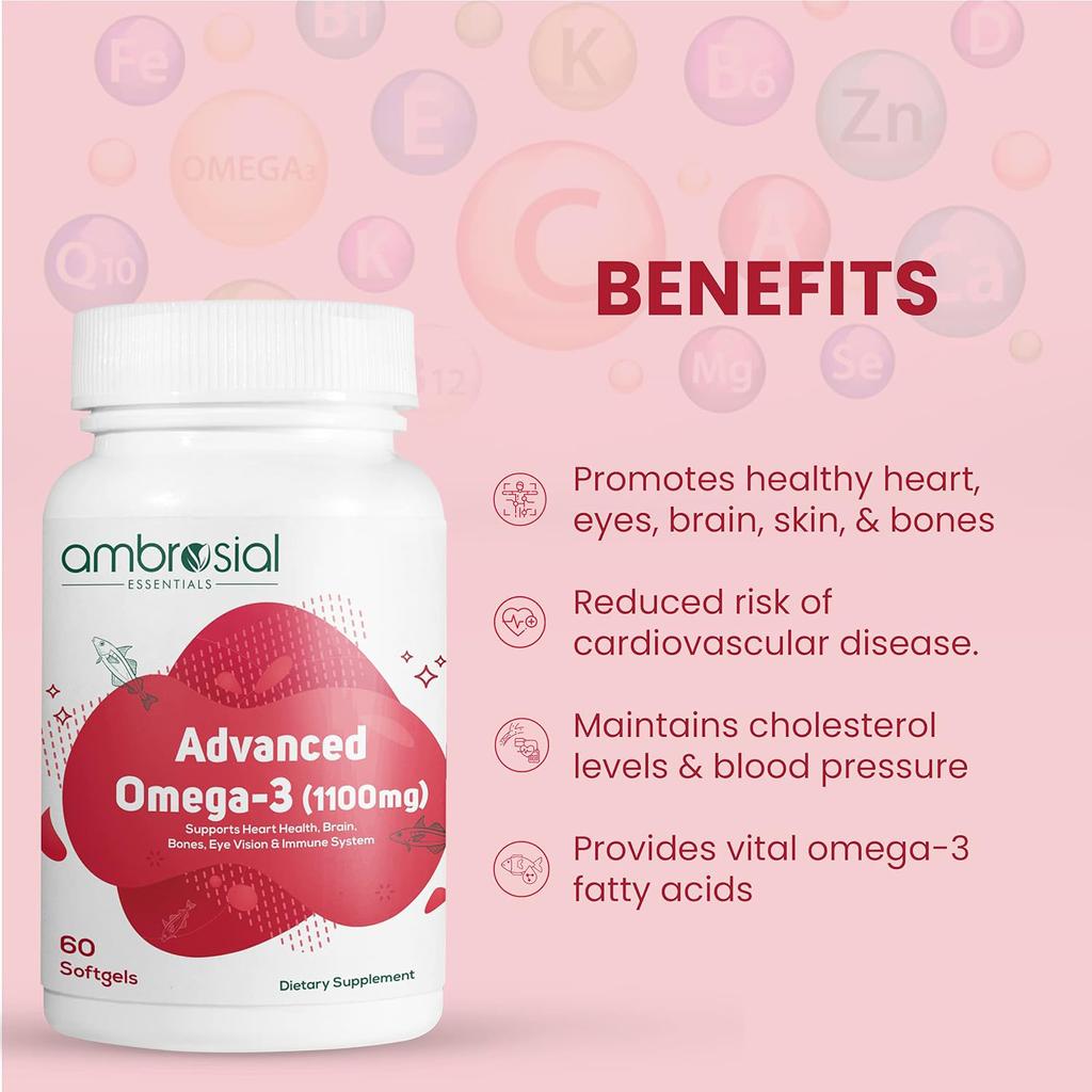 AMBROSIAL Advanced Omega 3 Fish Oil High Strength Capsules 1100mg с 360mg EPA и 240mg DHA Поддерживает здоровье сердца и иммунитета 60 Softgels