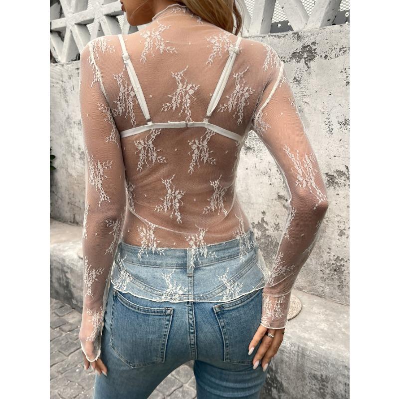 Women Half Turtleneck Lace Floral Mesh Slim Fit Long Sleeve Base Top