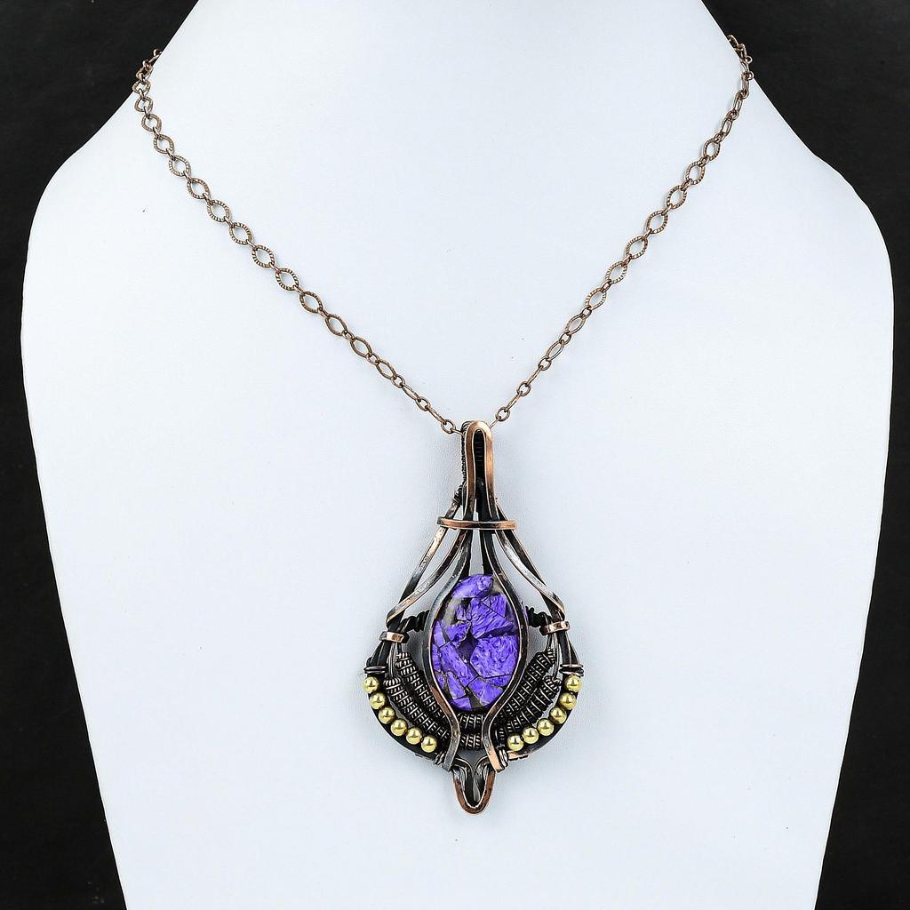 Медный кулон с чароитом, украшения, обмотанные медной проволокой, кулон с драгоценным камнем, кулон, обмотанный медной проволокой, украшения ручной работы, подарок для нее, дизайнерский кулон