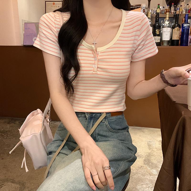 Summer 2025 Striped Slim Fit Short-Sleeved T-Shirt - Trendy American Style, Pure & Sexy Round Neck Women's Top