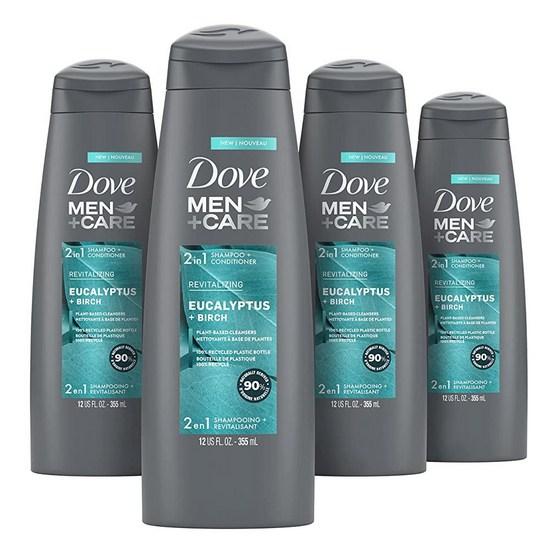 Dove Men+Care 2 в 1 Шампунь и Кондиционер Эвкалипт и Береза 4 шт. Натуральное очищающее средство на растительной основе для здоровых волос 355 мл, 4 шт., 355 мл