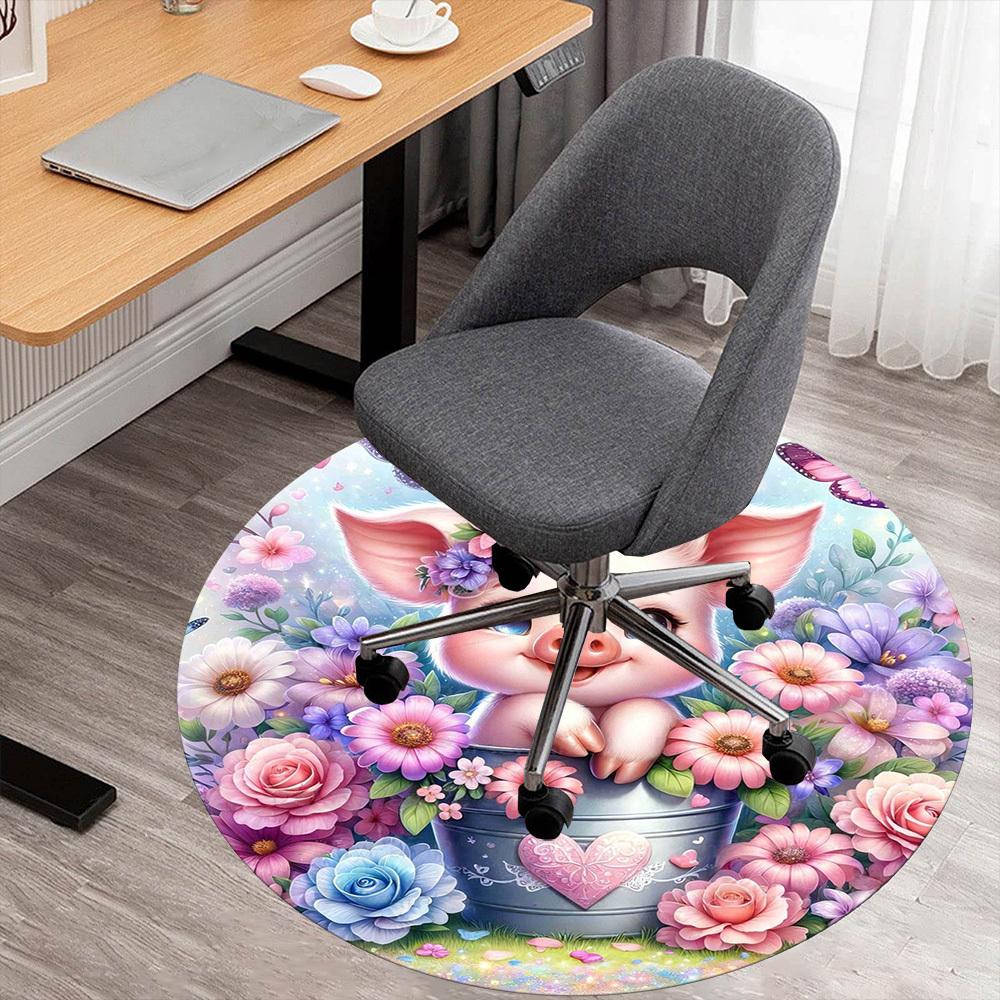 1pc Piggy Flowers Round Chair mat office Area Rug - Non-Slip, Floor Mat for Office, Bedroom, Ideal home decor gift c0112076