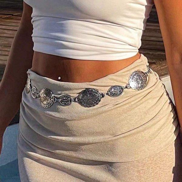 Boho Ethnic Style Retro Metal Sun Moon Waist Chain for Women Fashion Versatile Dress Belt Belly Chain Body Jewelry Accessories