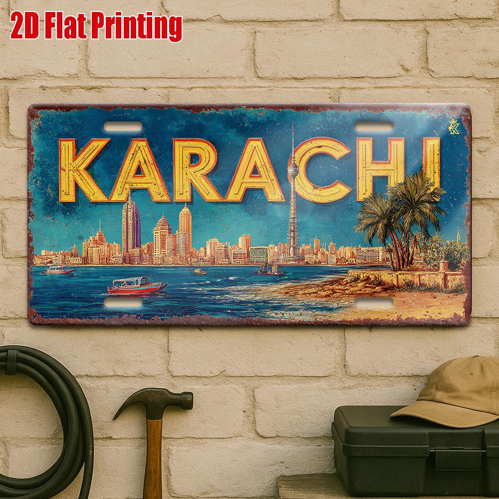 D Flat pc Karachi Cityscape Metal Sign Outdoor Plaque Wall Decor Suitable for Rooms Entryways Literary Cafes