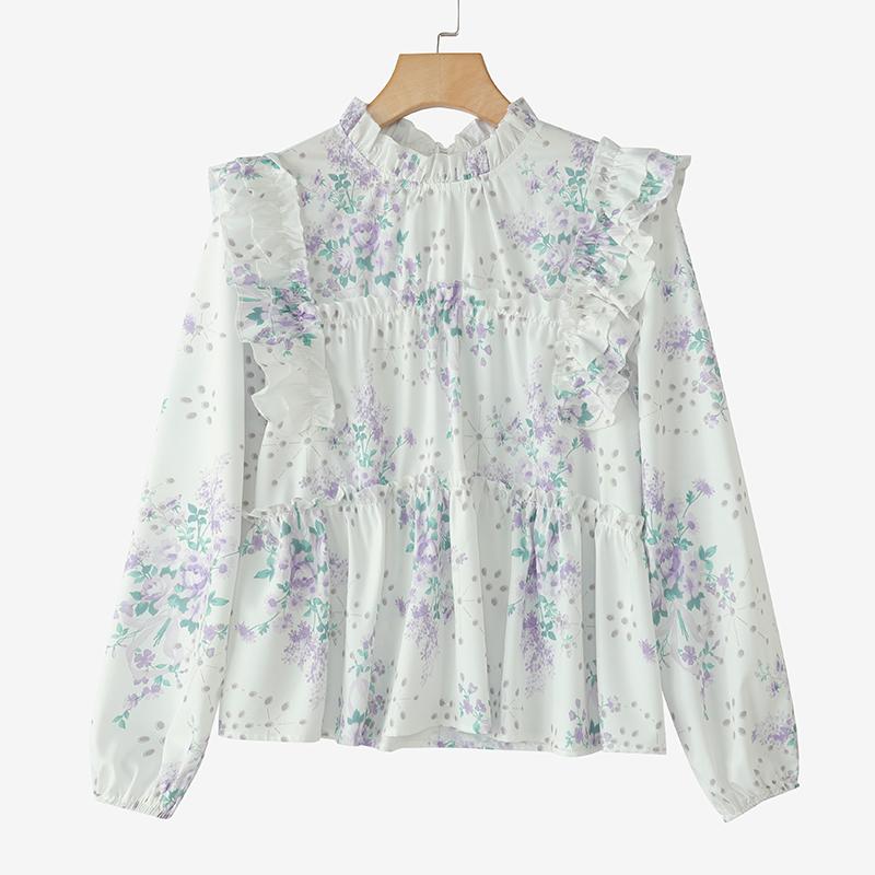 ZANZEA Женская повседневная блузка с воротником-стойкой и длинным рукавом с цветочным принтом