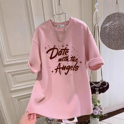 Футболка с коротким рукавом и круглым вырезом розового цвета, женская, свободная, новая летняя, повседневная, средняя и длинная, с алфавитом