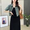 Женский летний ретро повседневный костюм: Джинсовая куртка с коротким рукавом и платье-камзол, набор