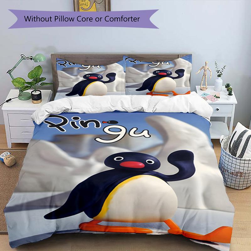 3pcs Pingu1 Design Cover Set - HD Printed Bedding with 1 Cover and 2 Pillowcases - Perfect for Home and Dorm Decor